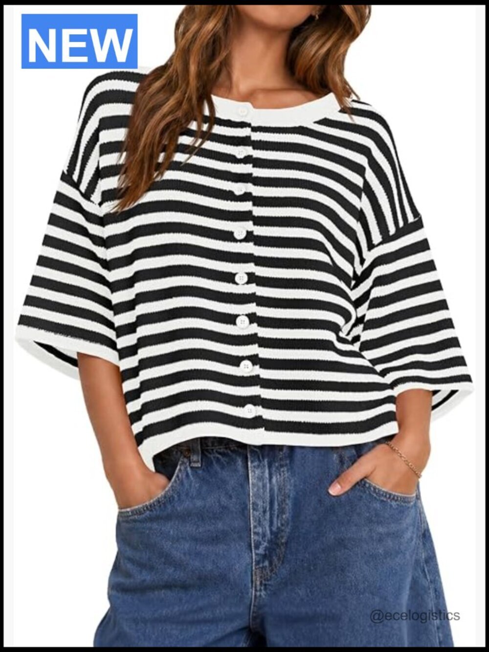Cropped Striped Button Down Cardigan Oversized Lightweight Knit Summer Sweater